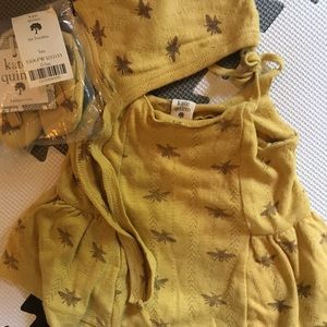 Kate Quinn bee patterned sun romper with elf hat and booties. Size 0-3 months.